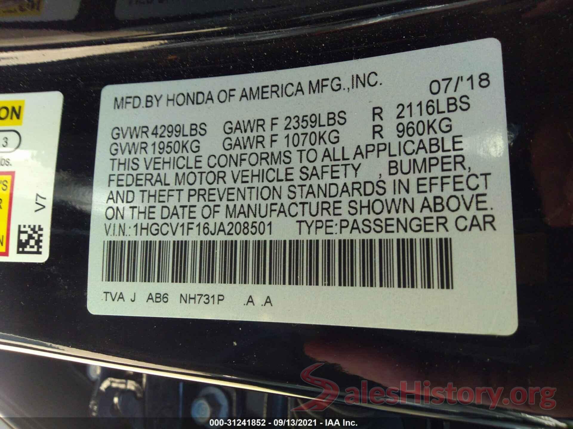 1HGCV1F16JA208501 2018 HONDA ACCORD SEDAN