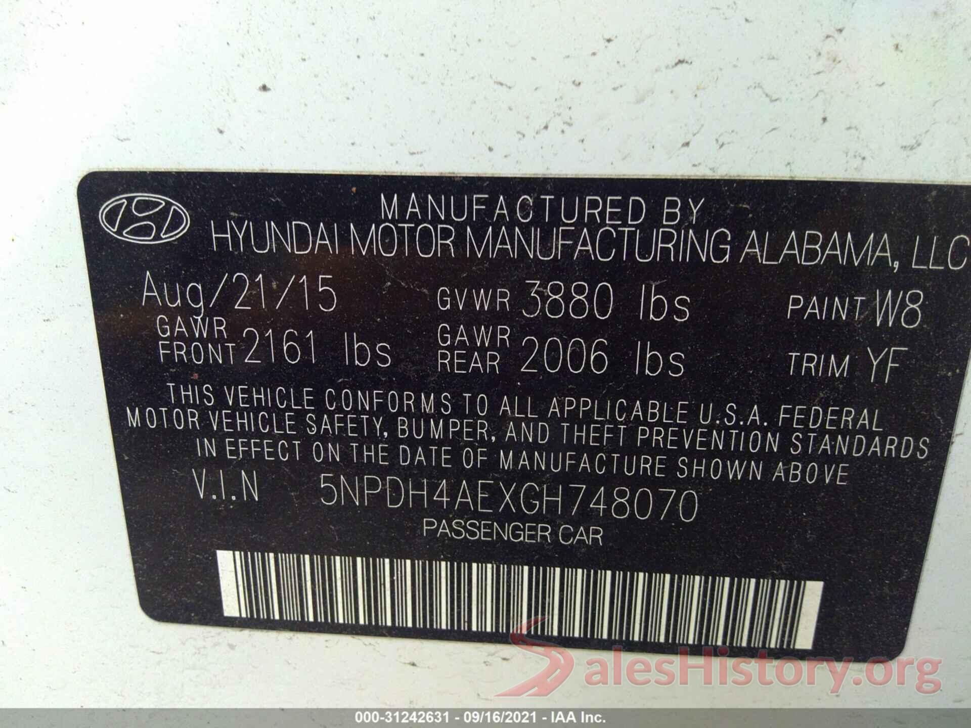 5NPDH4AEXGH748070 2016 HYUNDAI ELANTRA