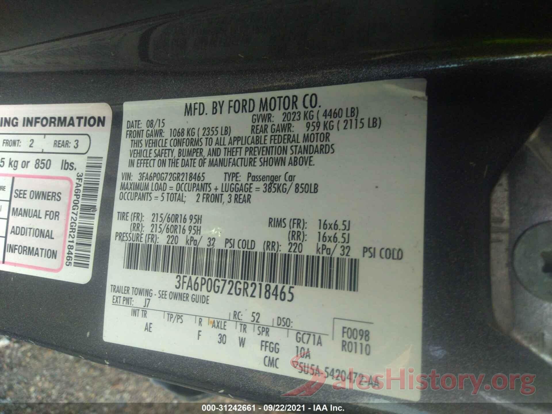 3FA6P0G72GR218465 2016 FORD FUSION