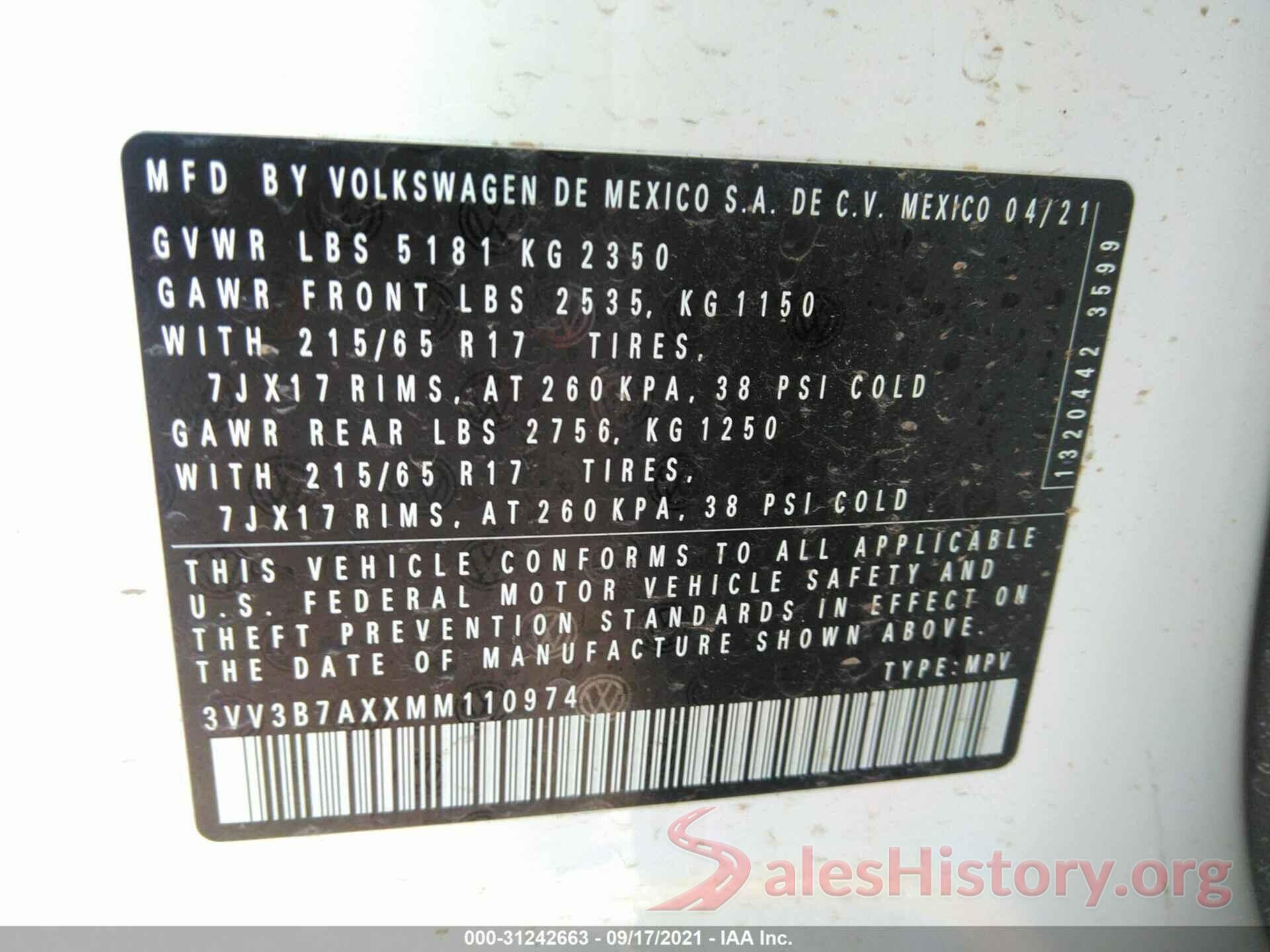 3VV3B7AXXMM110974 2021 VOLKSWAGEN TIGUAN