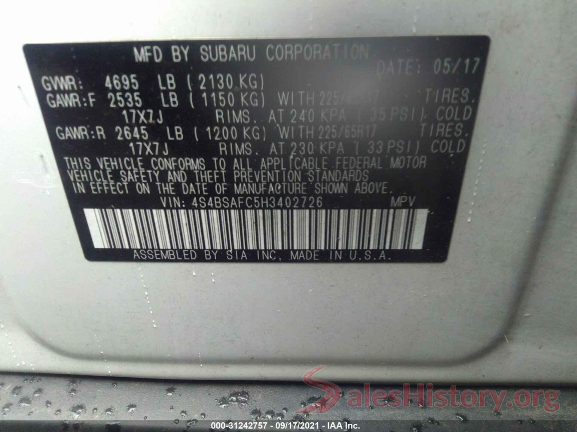 4S4BSAFC5H3402726 2017 SUBARU OUTBACK