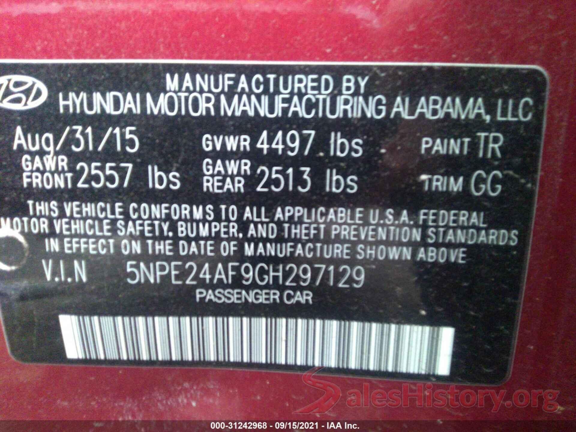 5NPE24AF9GH297129 2016 HYUNDAI SONATA