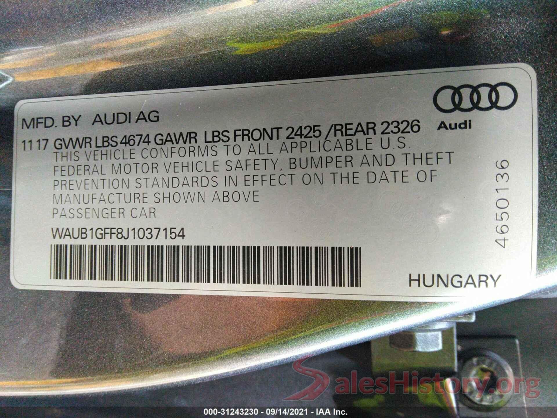 WAUB1GFF8J1037154 2018 AUDI S3