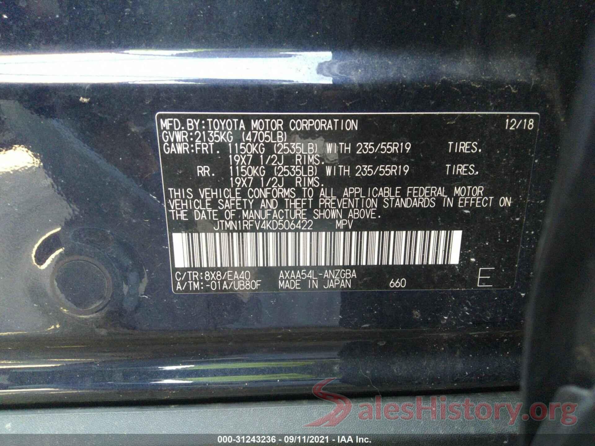 JTMN1RFV4KD506422 2019 TOYOTA RAV4