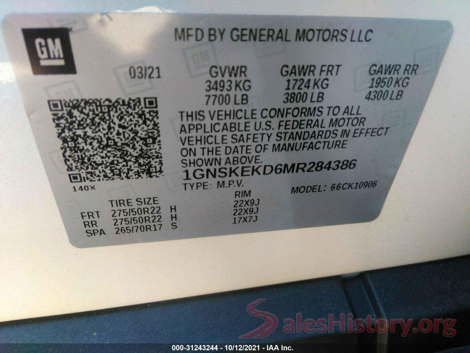 1GNSKEKD6MR284386 2021 CHEVROLET SUBURBAN