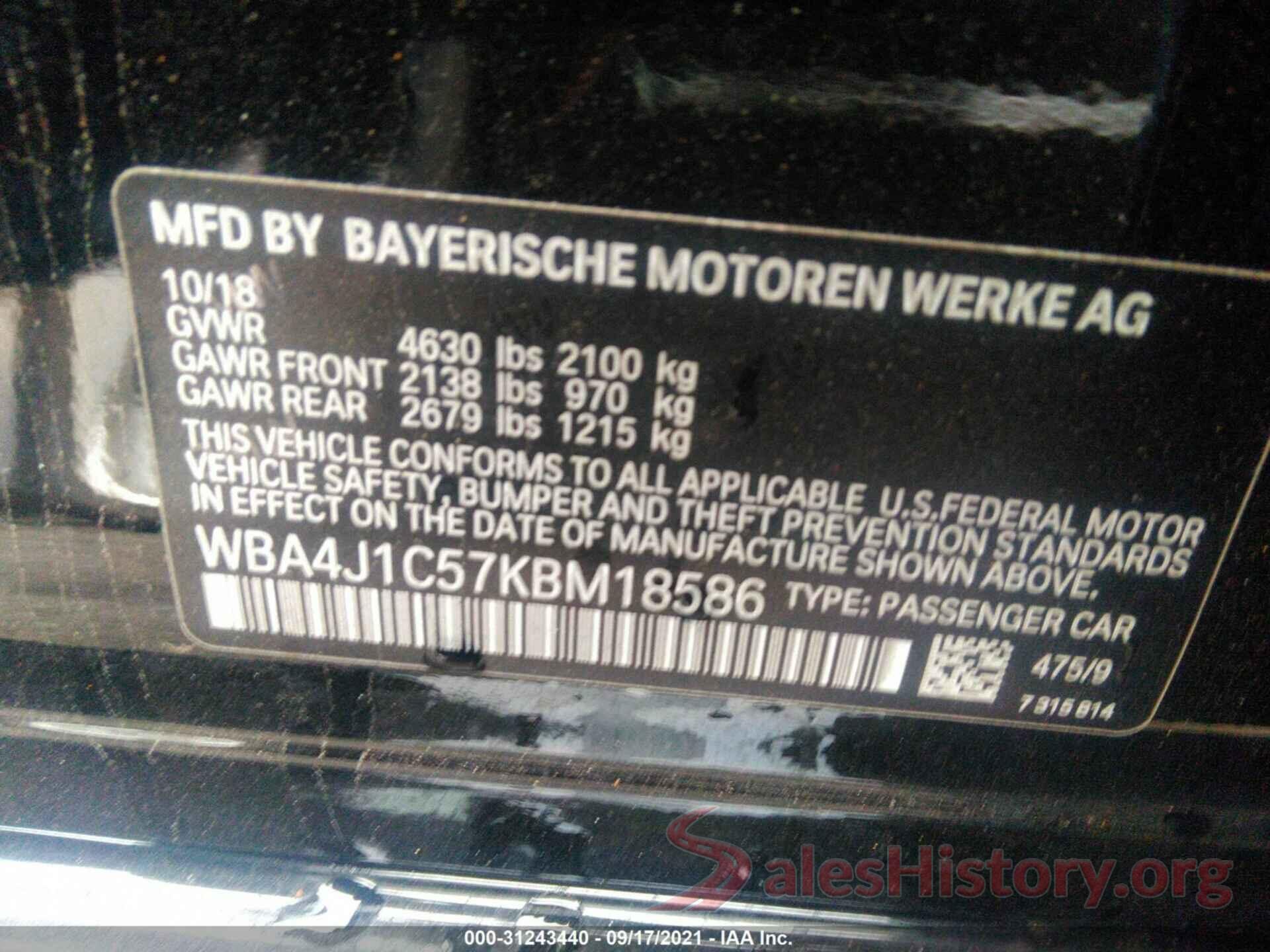 WBA4J1C57KBM18586 2019 BMW 4 SERIES