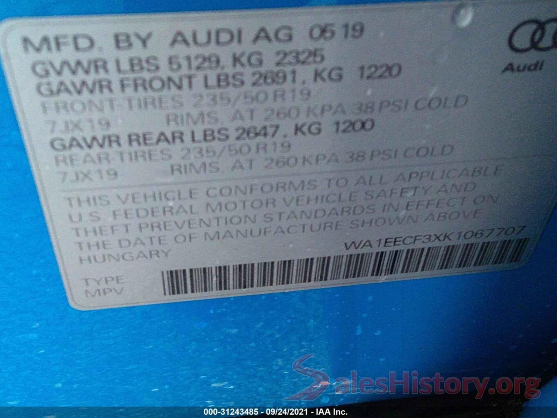 WA1EECF3XK1067707 2019 AUDI Q3