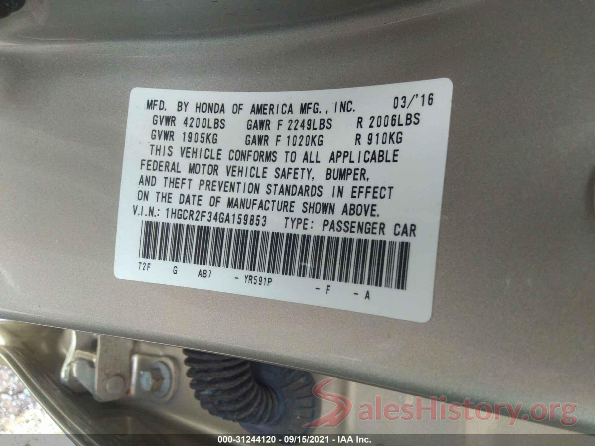 1HGCR2F34GA159853 2016 HONDA ACCORD SEDAN