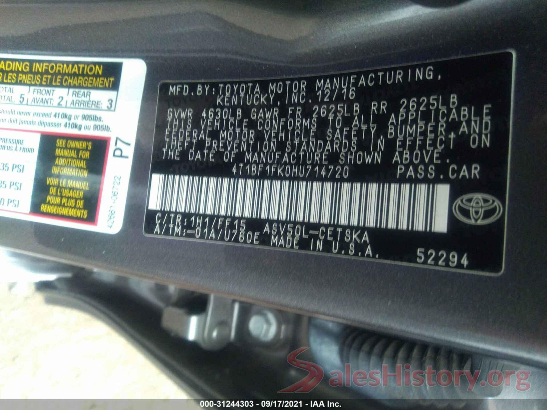 4T1BF1FK0HU714720 2017 TOYOTA CAMRY