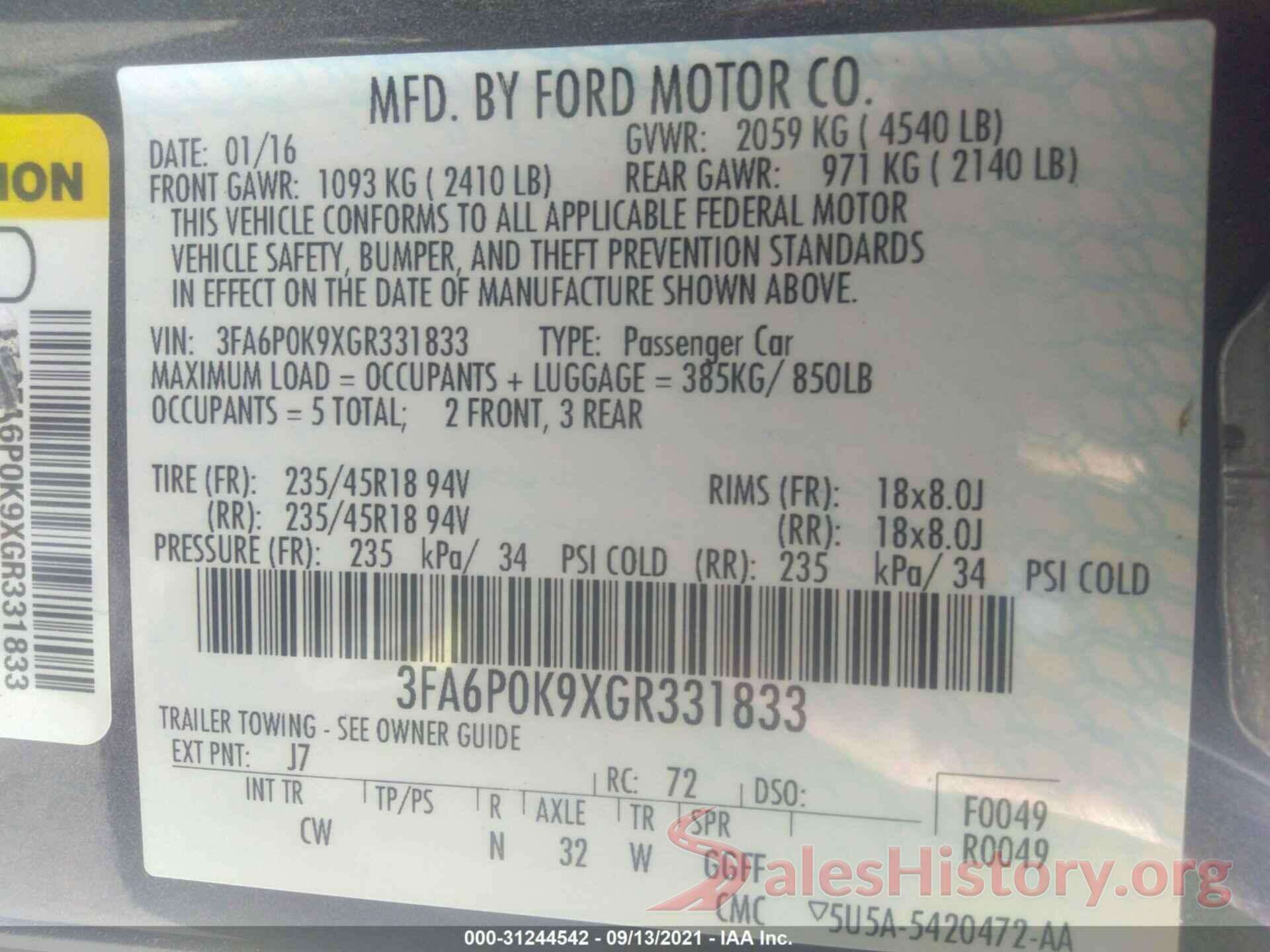 3FA6P0K9XGR331833 2016 FORD FUSION