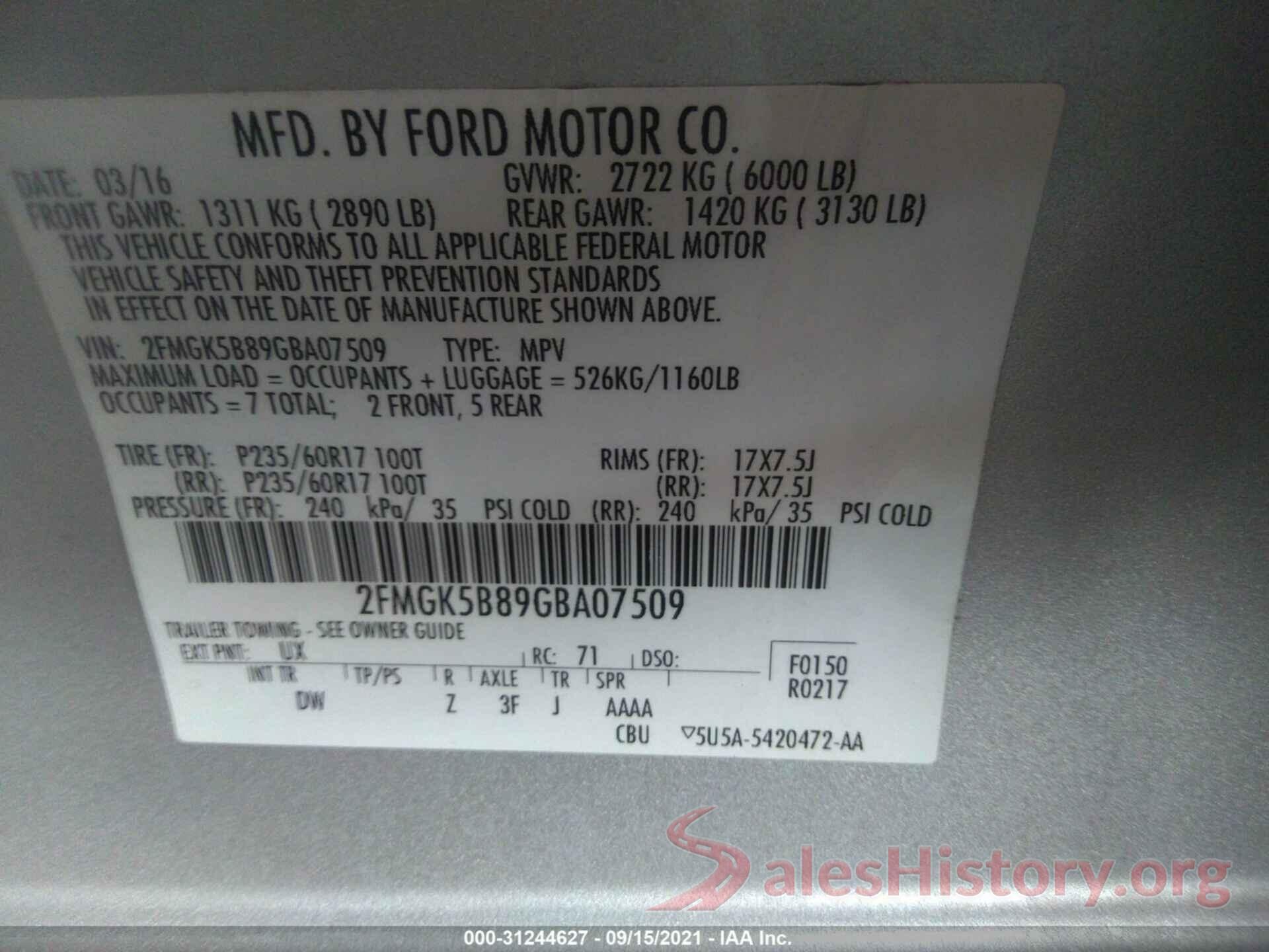 2FMGK5B89GBA07509 2016 FORD FLEX