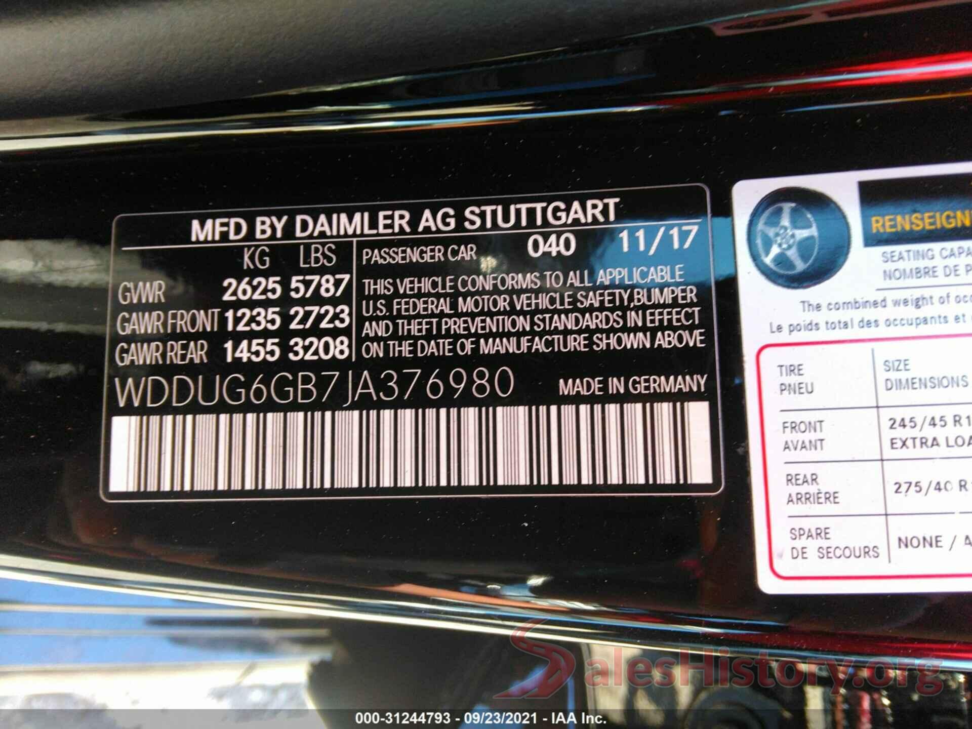 WDDUG6GB7JA376980 2018 MERCEDES-BENZ S-CLASS