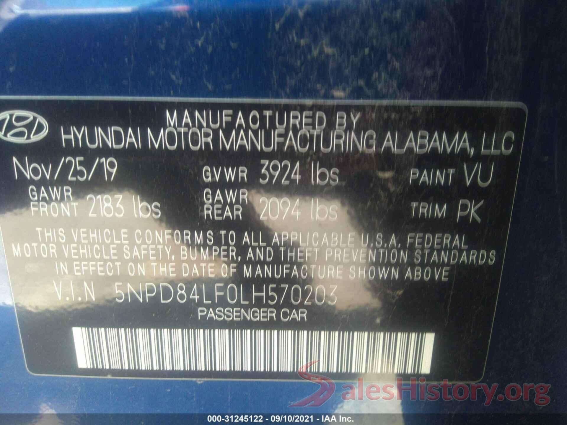 5NPD84LF0LH570203 2020 HYUNDAI ELANTRA