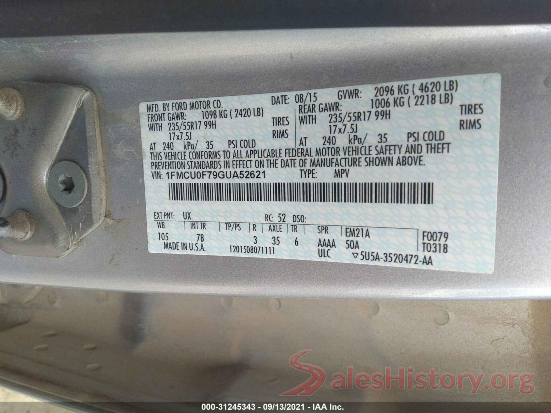 1FMCU0F79GUA52621 2016 FORD ESCAPE