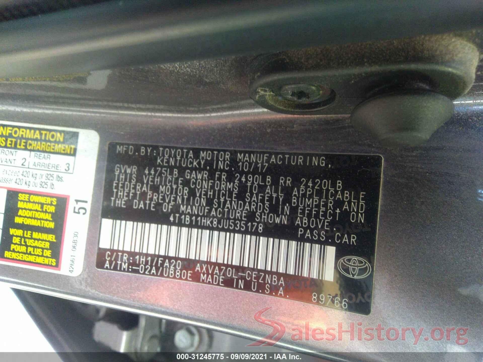 4T1B11HK8JU535178 2018 TOYOTA CAMRY