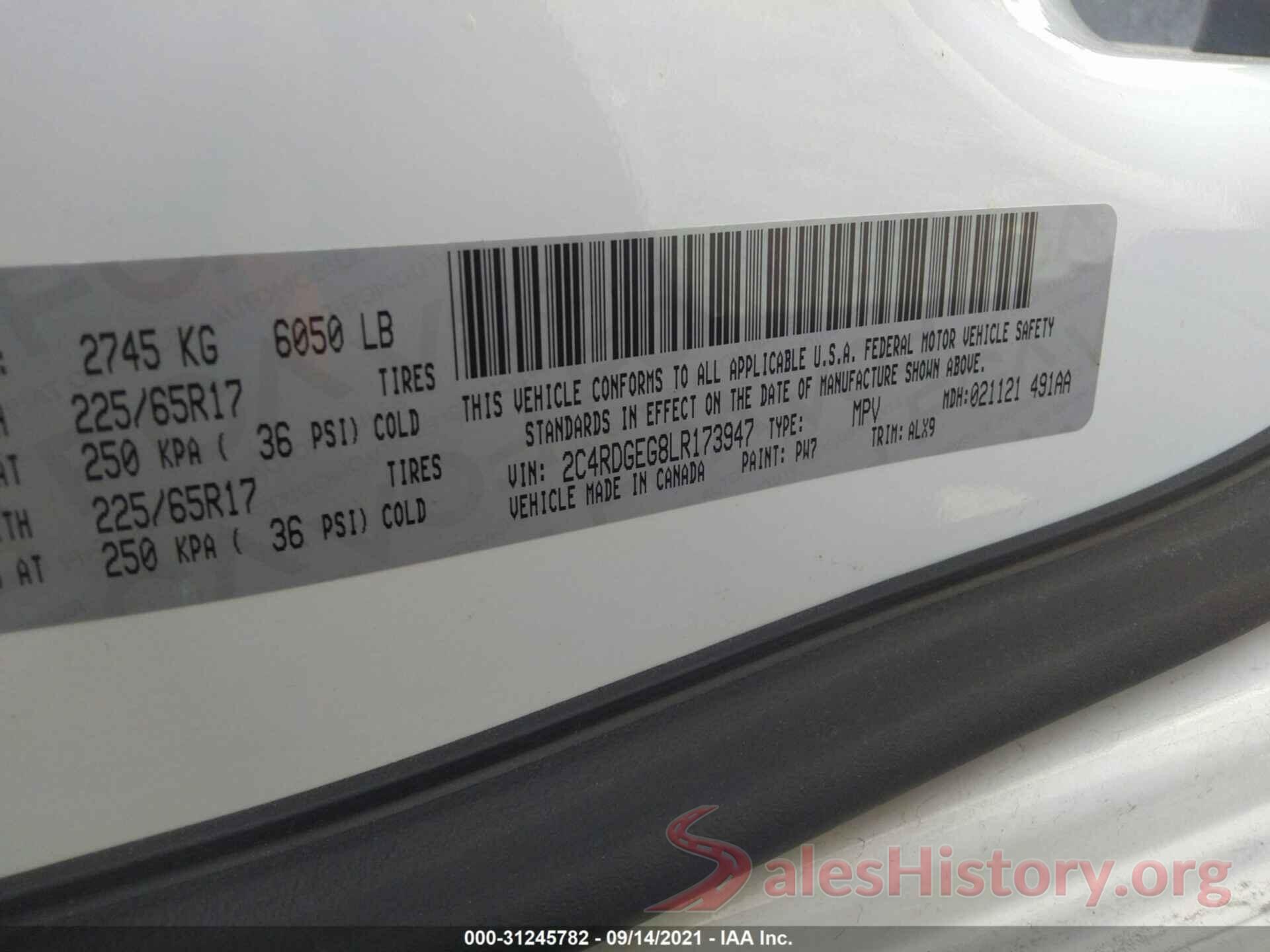 2C4RDGEG8LR173947 2020 DODGE GRAND CARAVAN