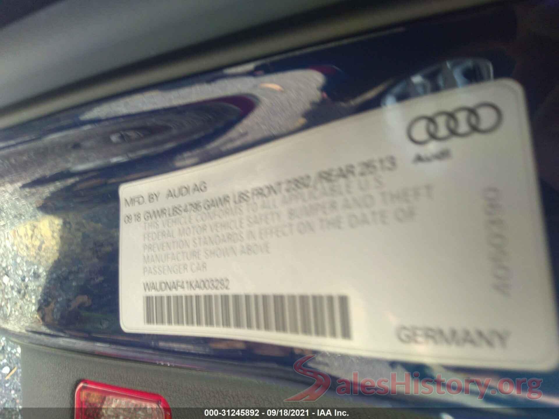 WAUDNAF41KA003292 2019 AUDI A4