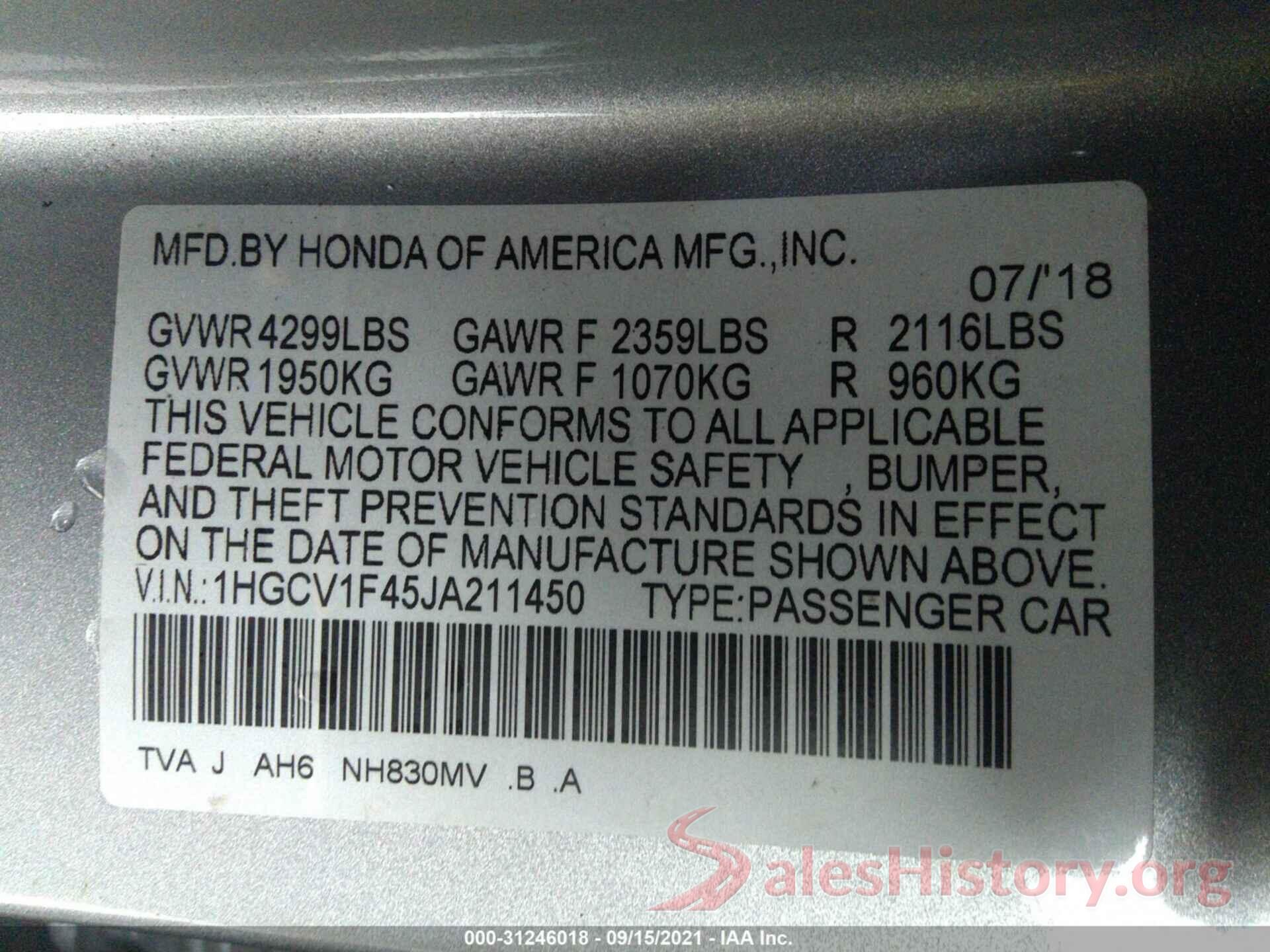 1HGCV1F45JA211450 2018 HONDA ACCORD SEDAN