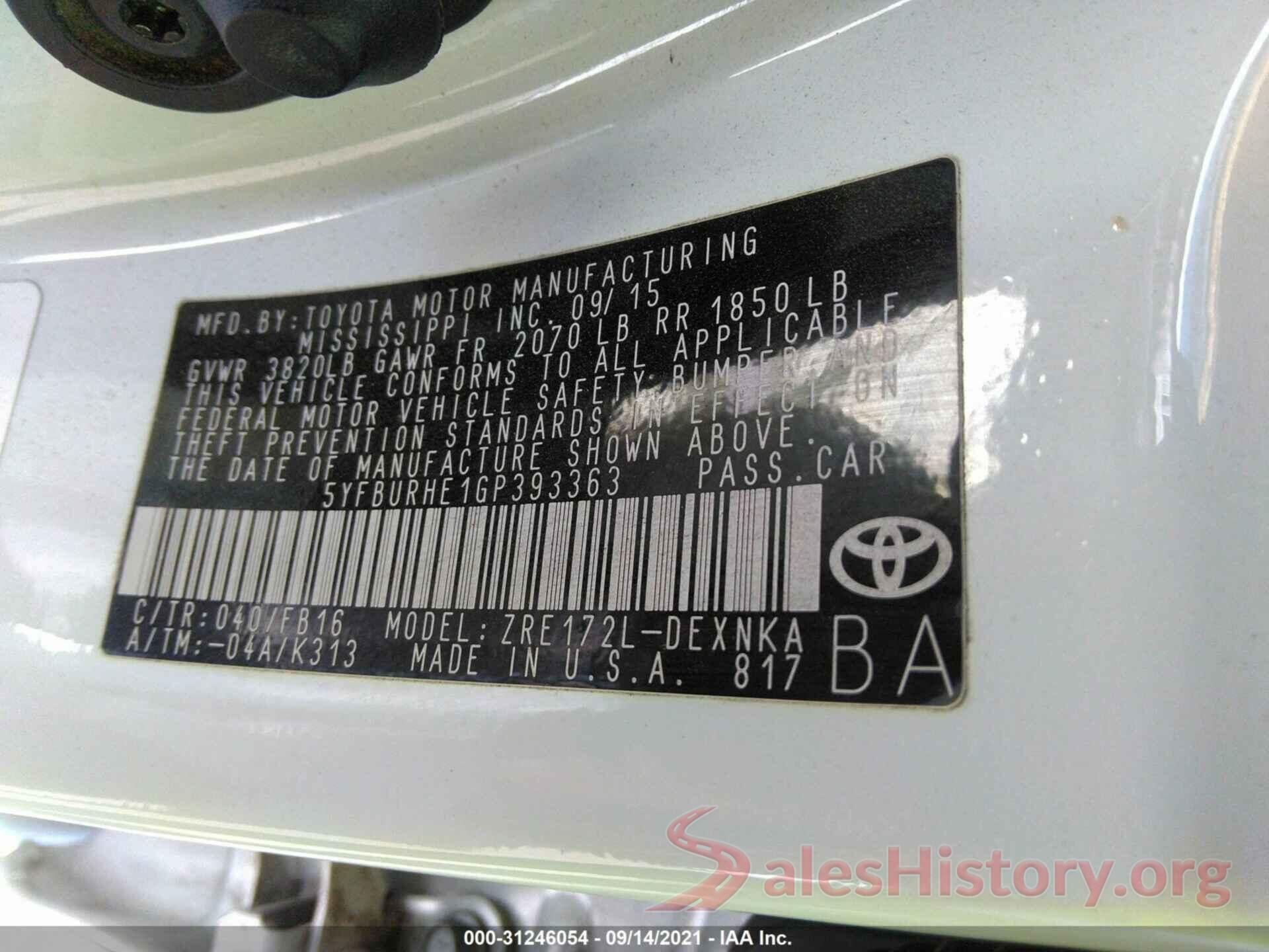 5YFBURHE1GP393363 2016 TOYOTA COROLLA