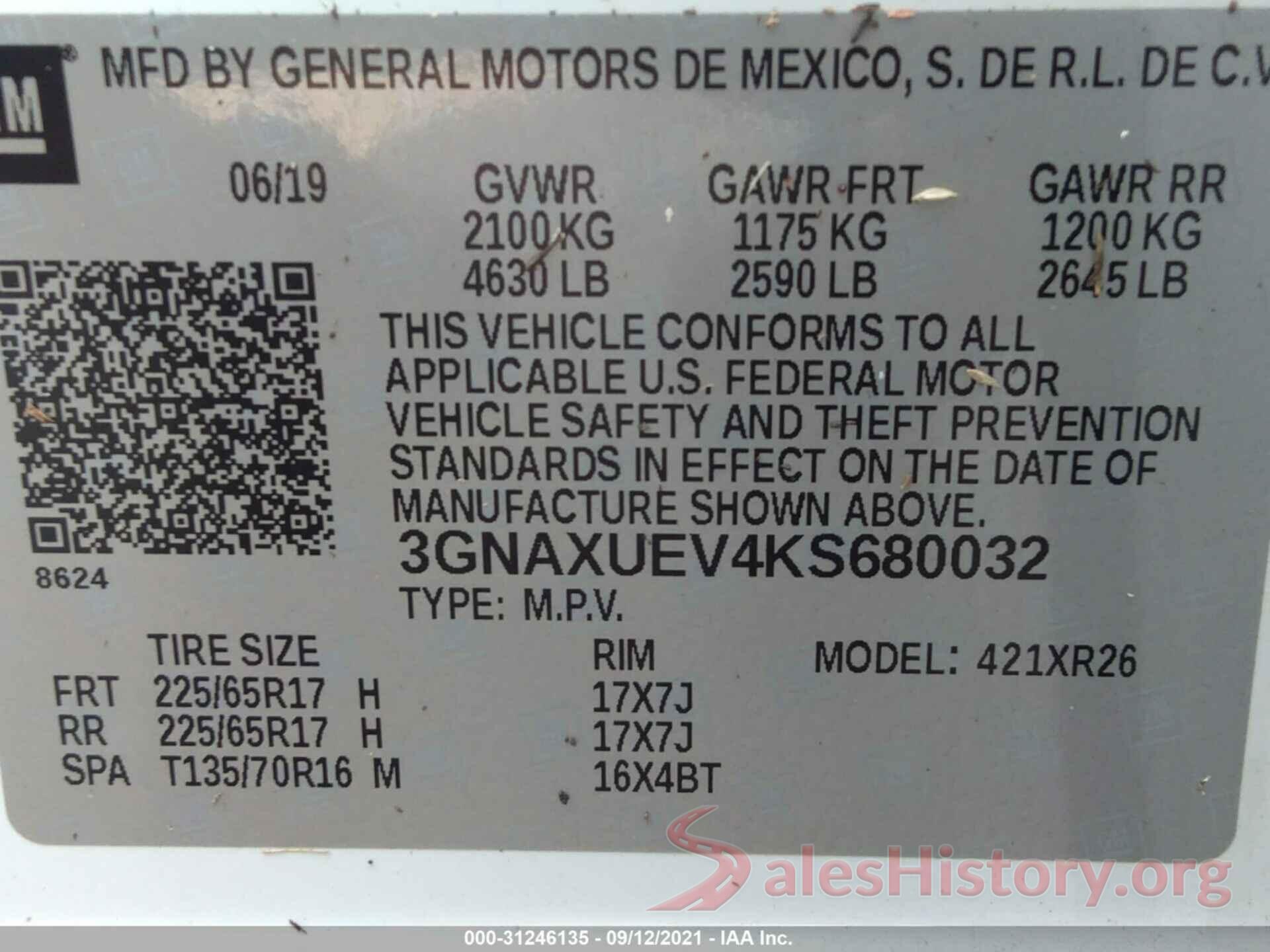 3GNAXUEV4KS680032 2019 CHEVROLET EQUINOX