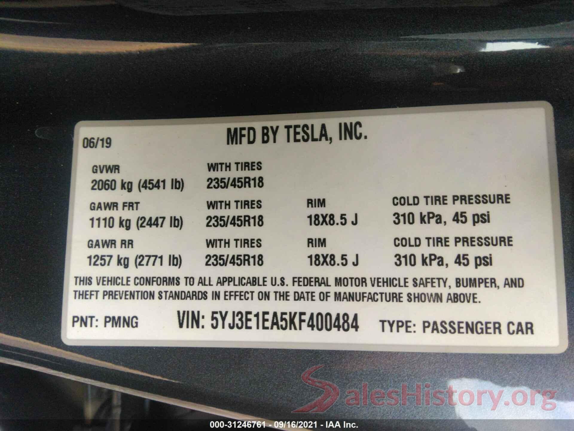 5YJ3E1EA5KF400484 2019 TESLA MODEL 3