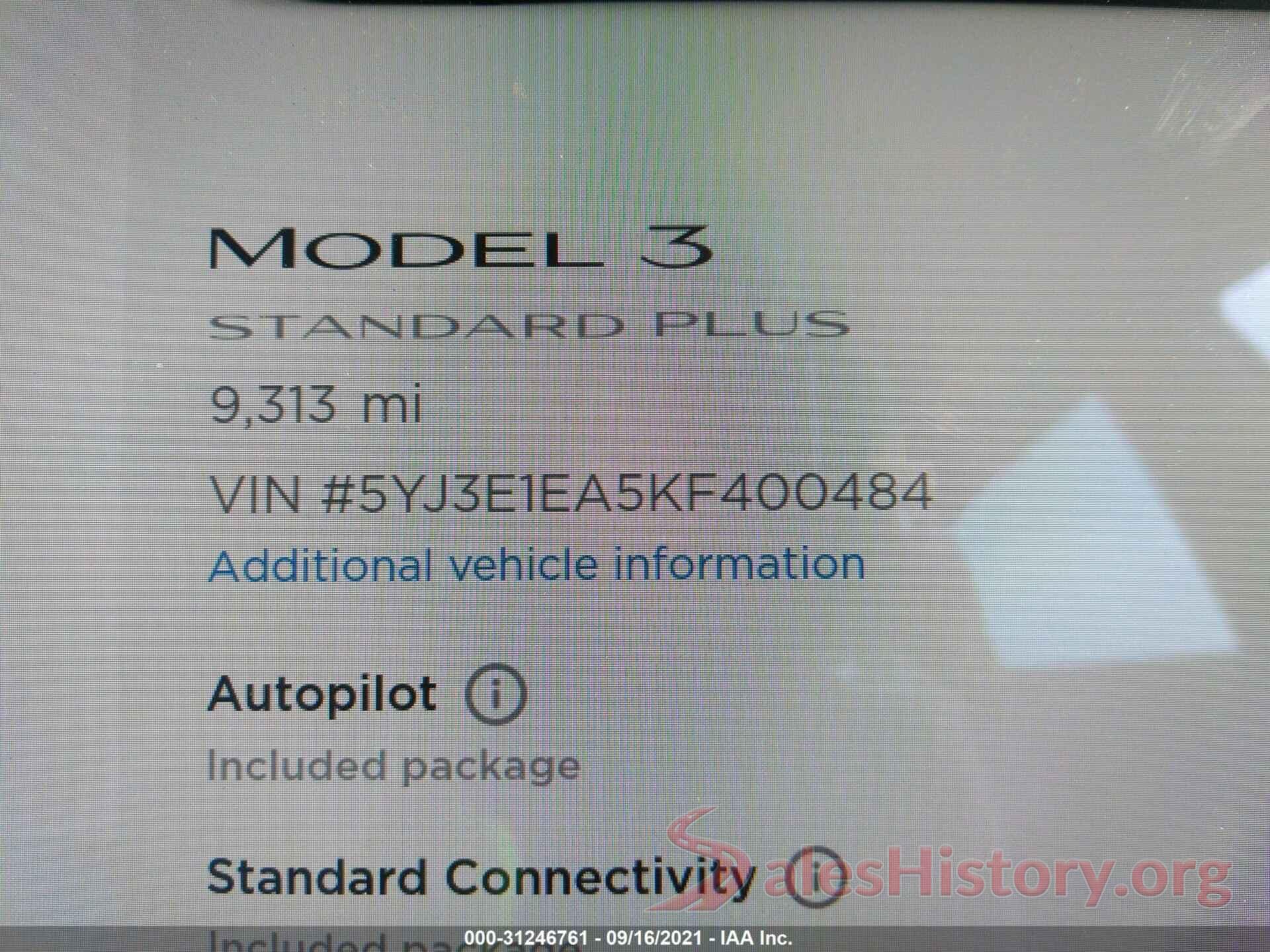 5YJ3E1EA5KF400484 2019 TESLA MODEL 3