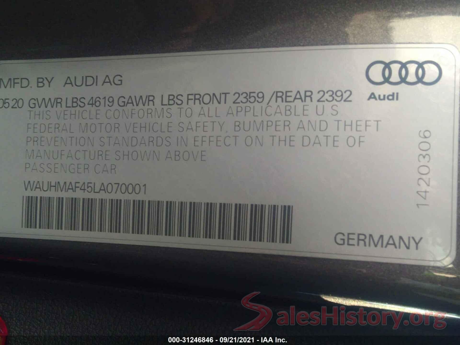 WAUHMAF45LA070001 2020 AUDI A4