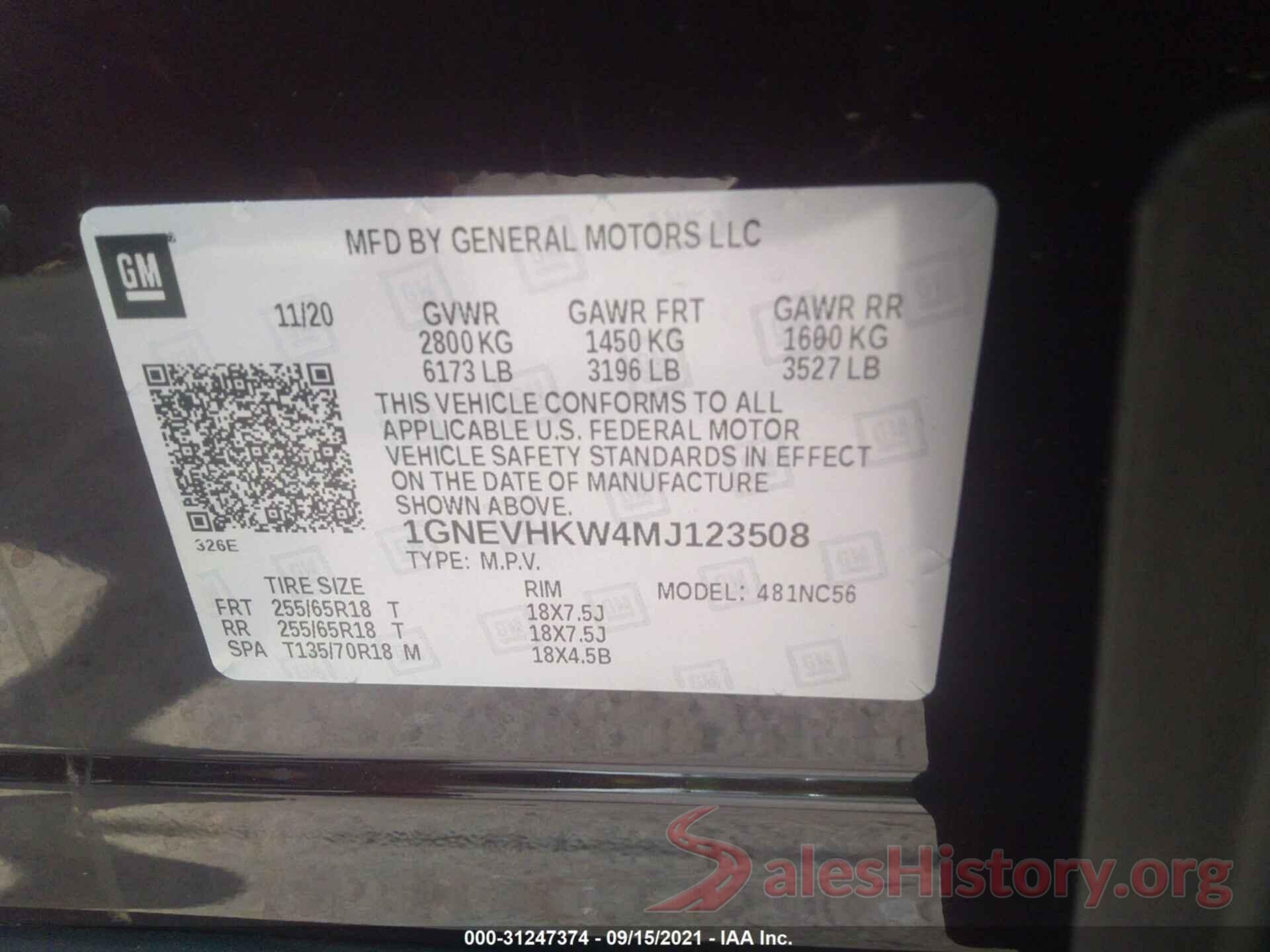 1GNEVHKW4MJ123508 2021 CHEVROLET TRAVERSE