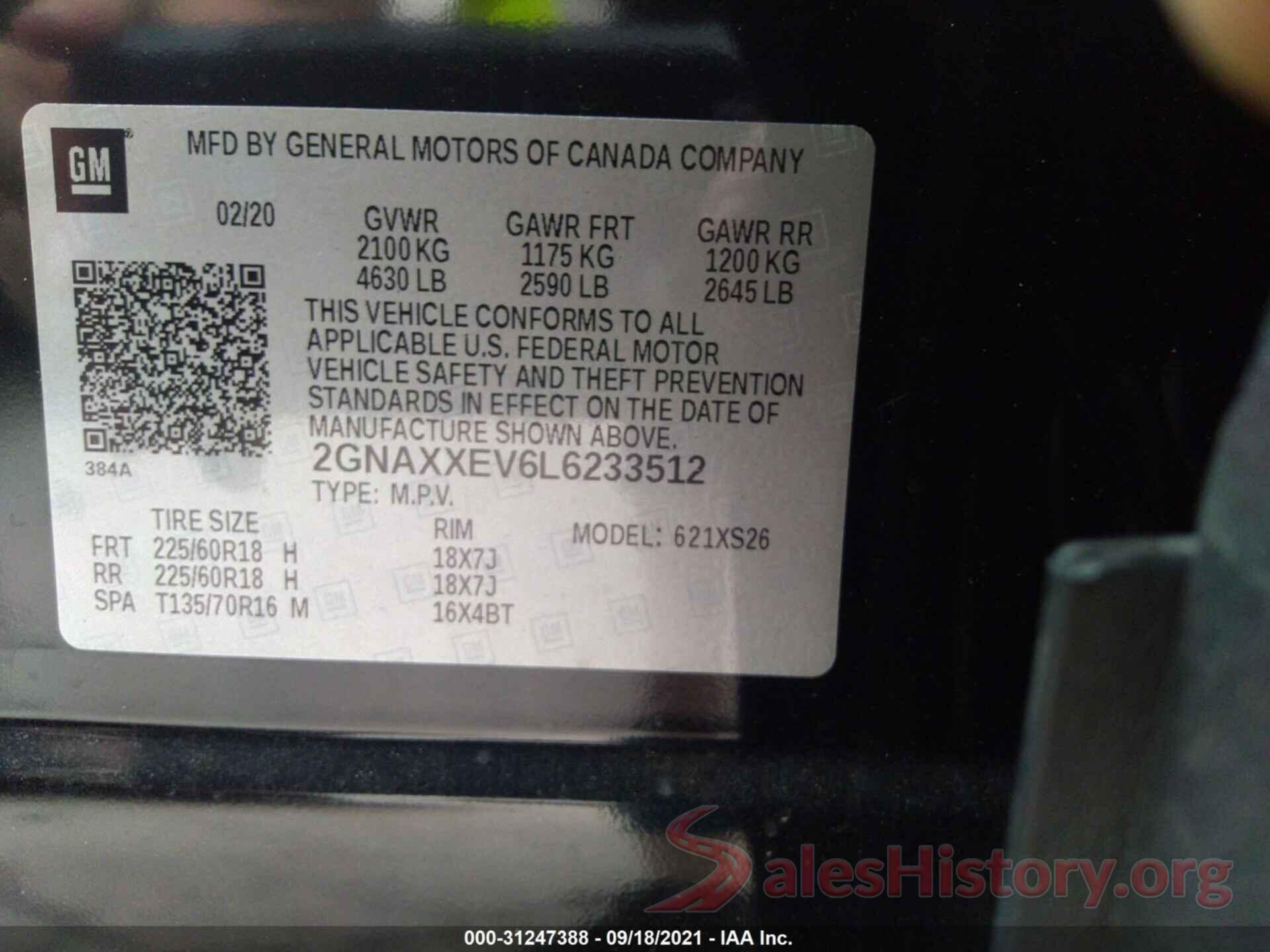 2GNAXXEV6L6233512 2020 CHEVROLET EQUINOX