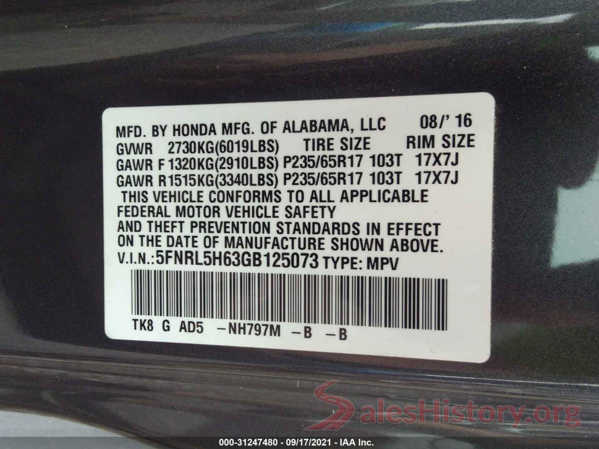 5FNRL5H63GB125073 2016 HONDA ODYSSEY