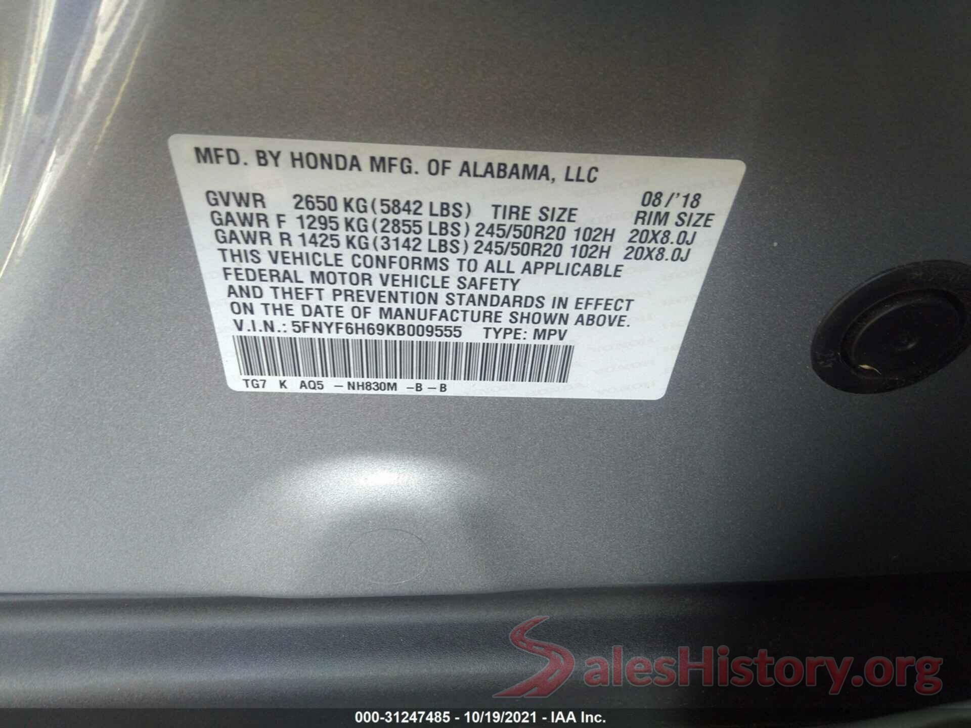 5FNYF6H69KB009555 2019 HONDA PILOT