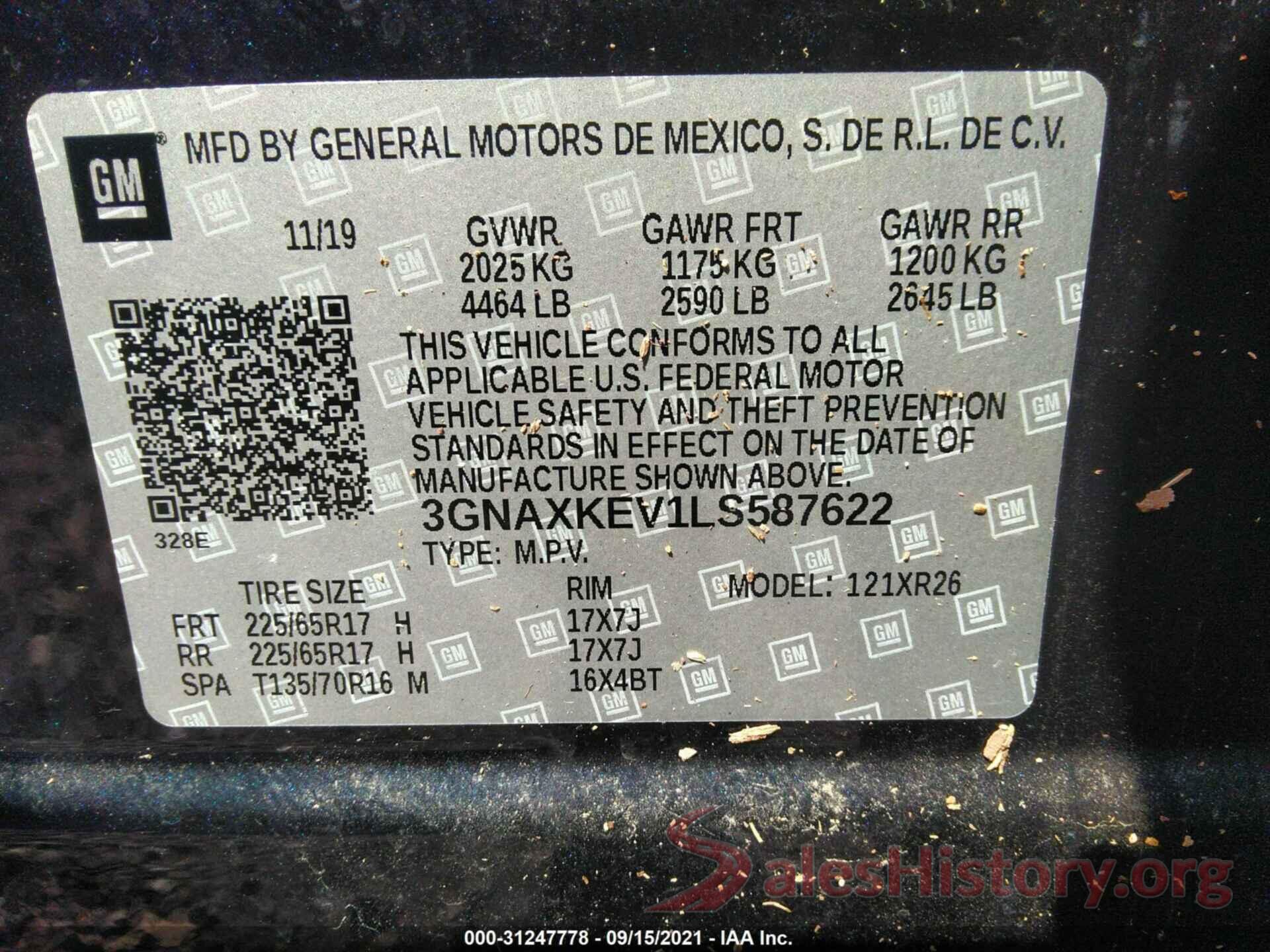 3GNAXKEV1LS587622 2020 CHEVROLET EQUINOX