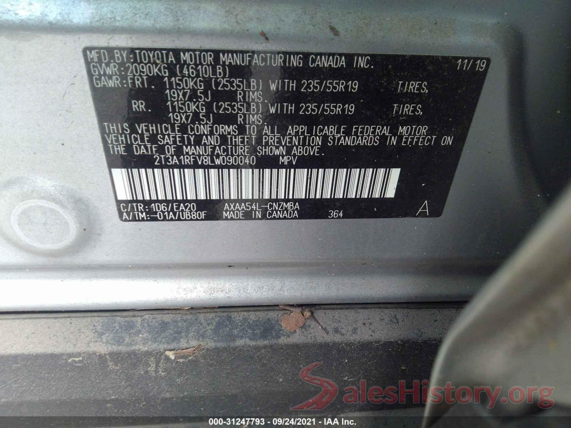 2T3A1RFV8LW090040 2020 TOYOTA RAV4