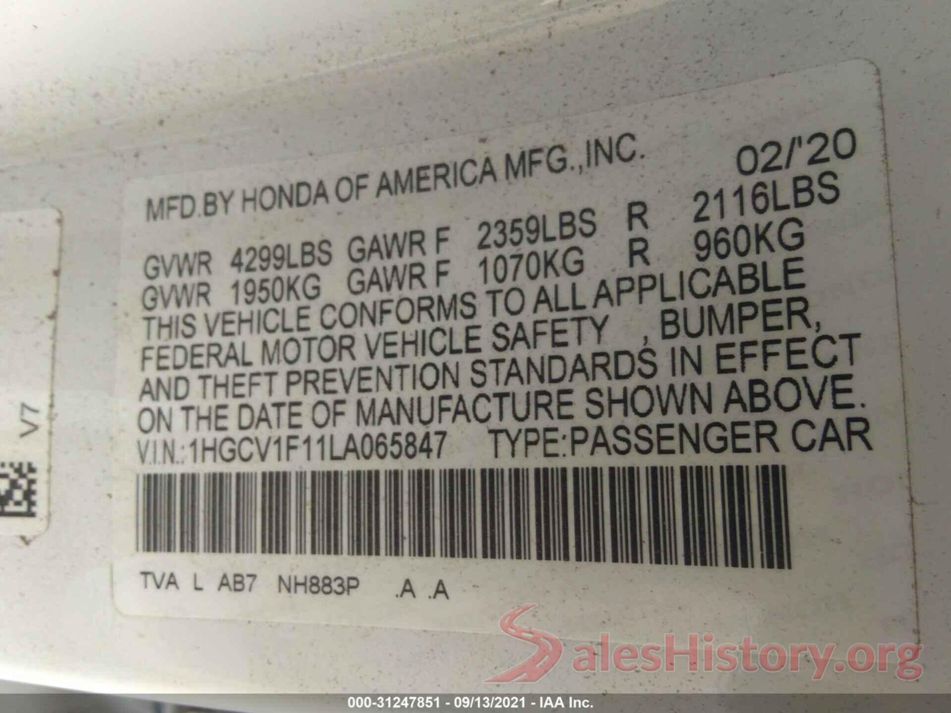 1HGCV1F11LA065847 2020 HONDA ACCORD SEDAN