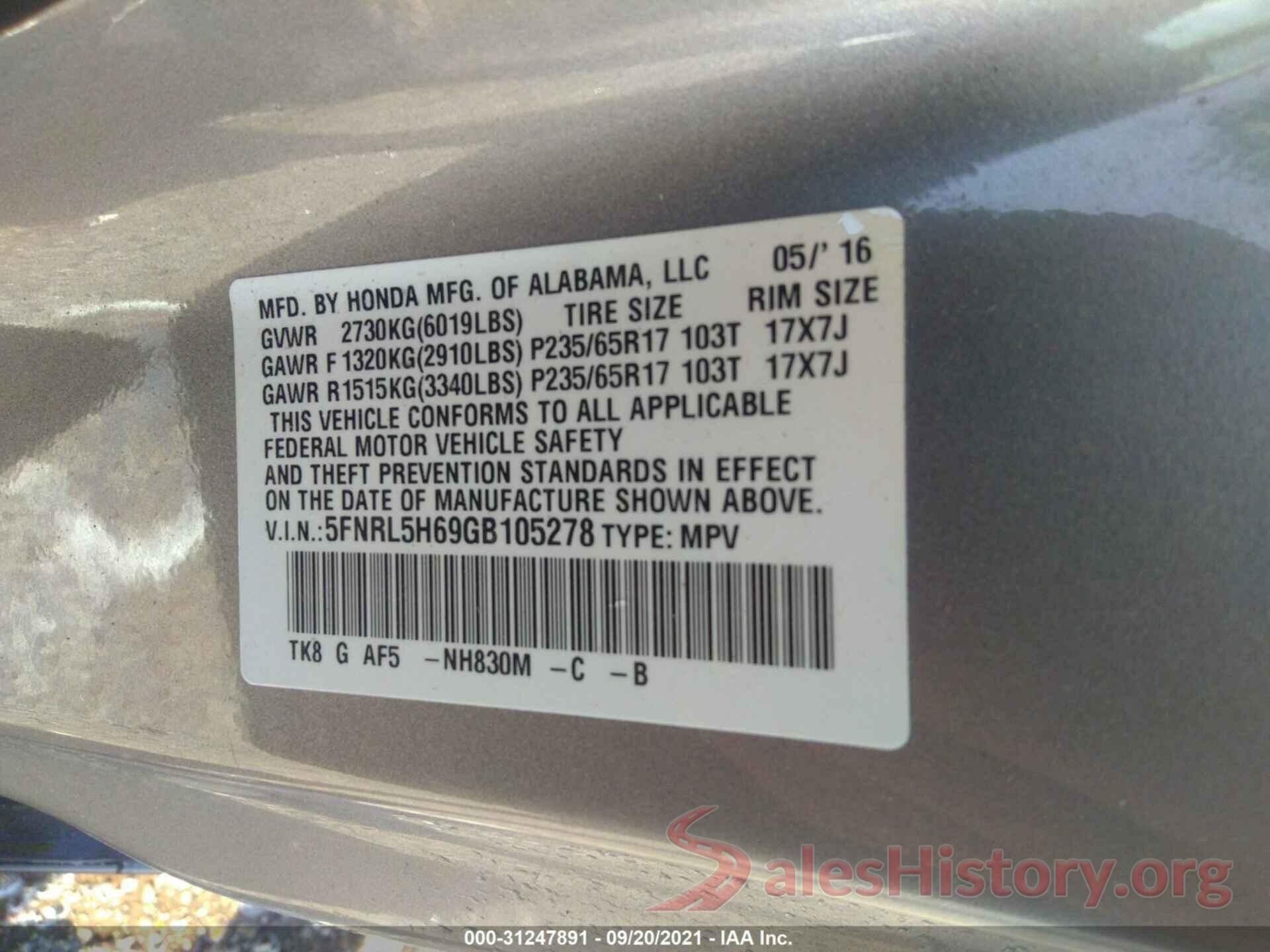 5FNRL5H69GB105278 2016 HONDA ODYSSEY