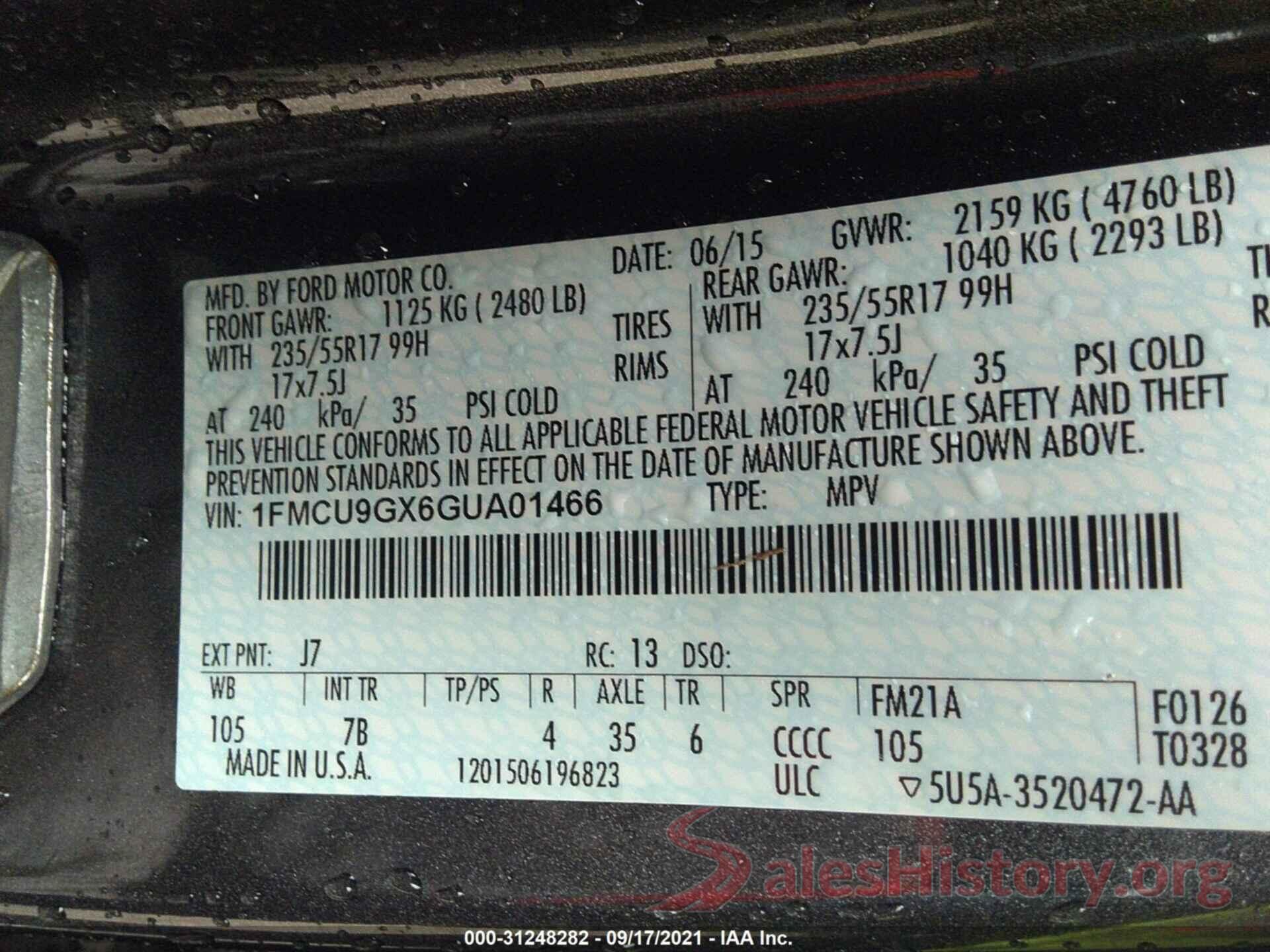 1FMCU9GX6GUA01466 2016 FORD ESCAPE