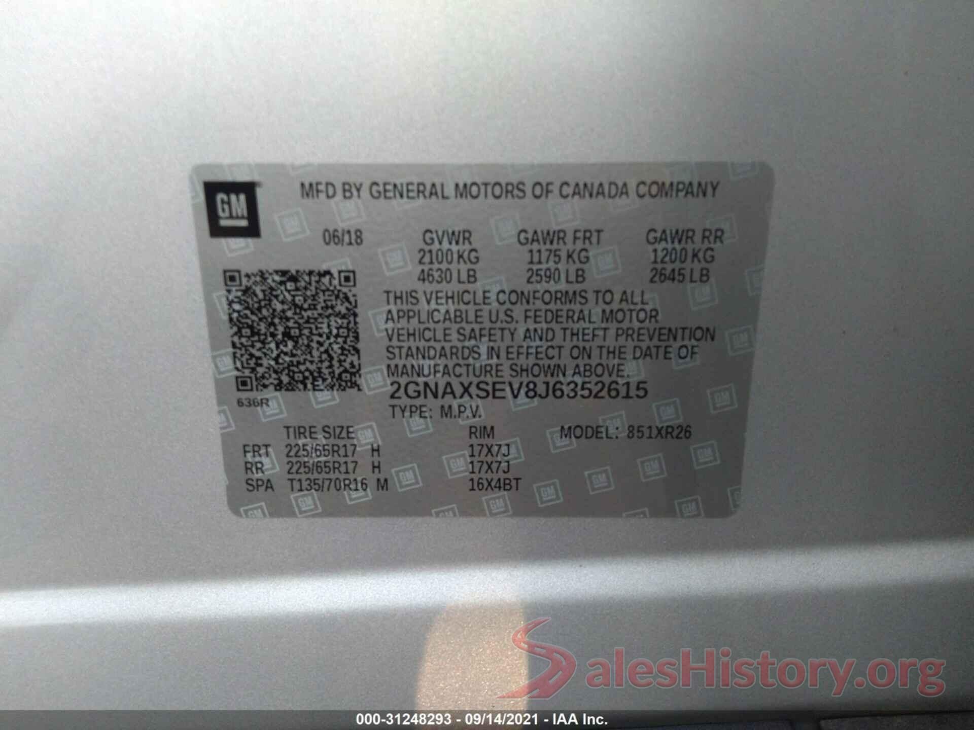 2GNAXSEV8J6352615 2018 CHEVROLET EQUINOX