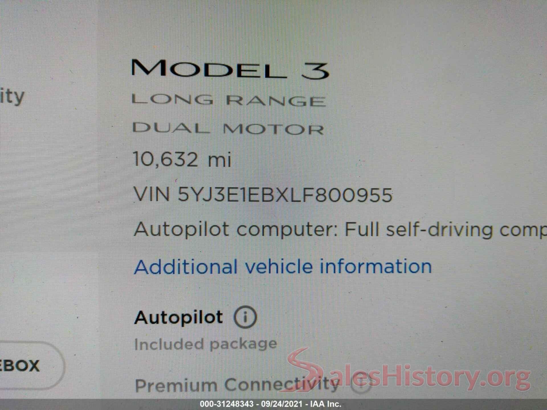 5YJ3E1EBXLF800955 2020 TESLA MODEL 3