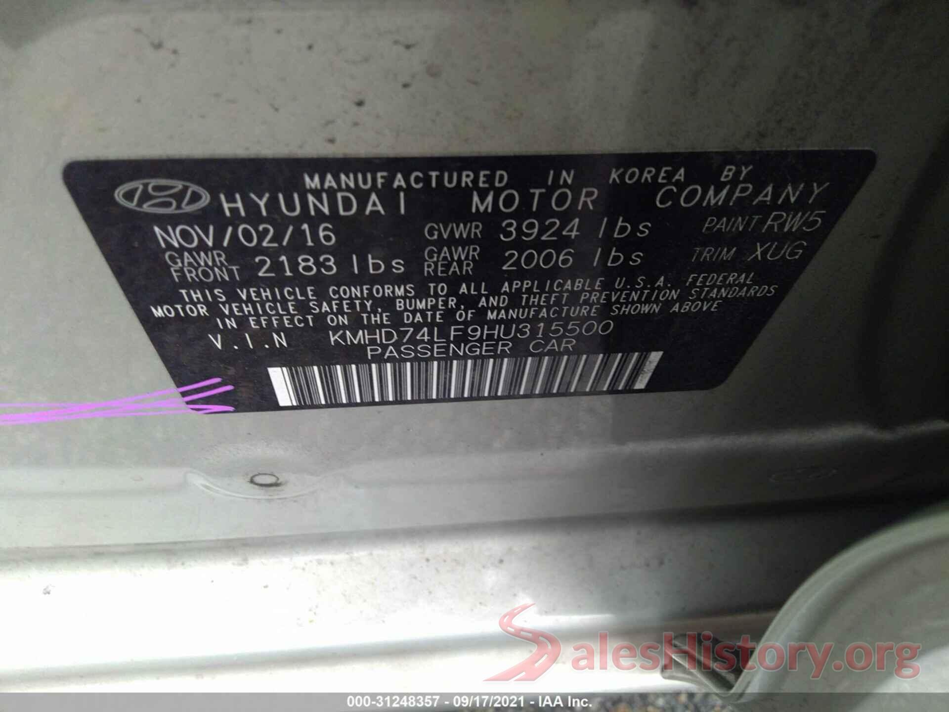 KMHD74LF9HU315500 2017 HYUNDAI ELANTRA