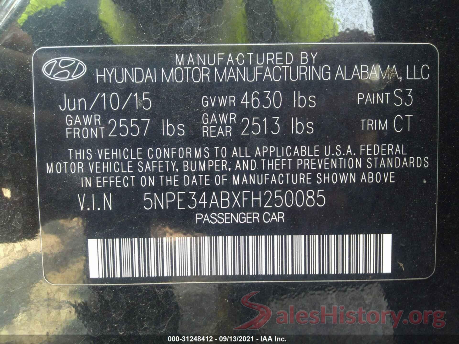 5NPE34ABXFH250085 2015 HYUNDAI SONATA