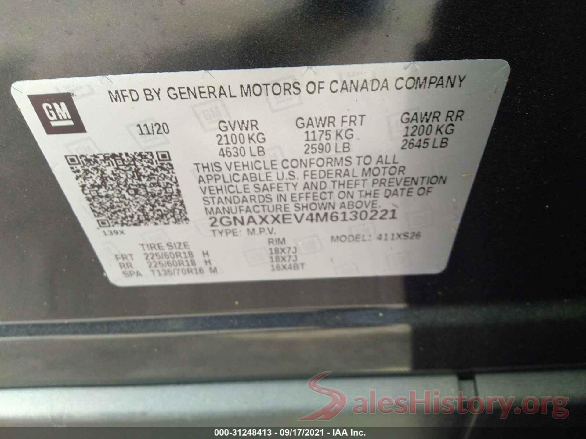 2GNAXXEV4M6130221 2021 CHEVROLET EQUINOX