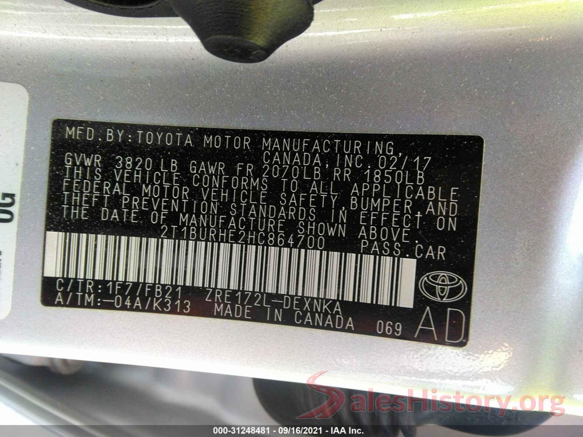 2T1BURHE2HC864700 2017 TOYOTA COROLLA