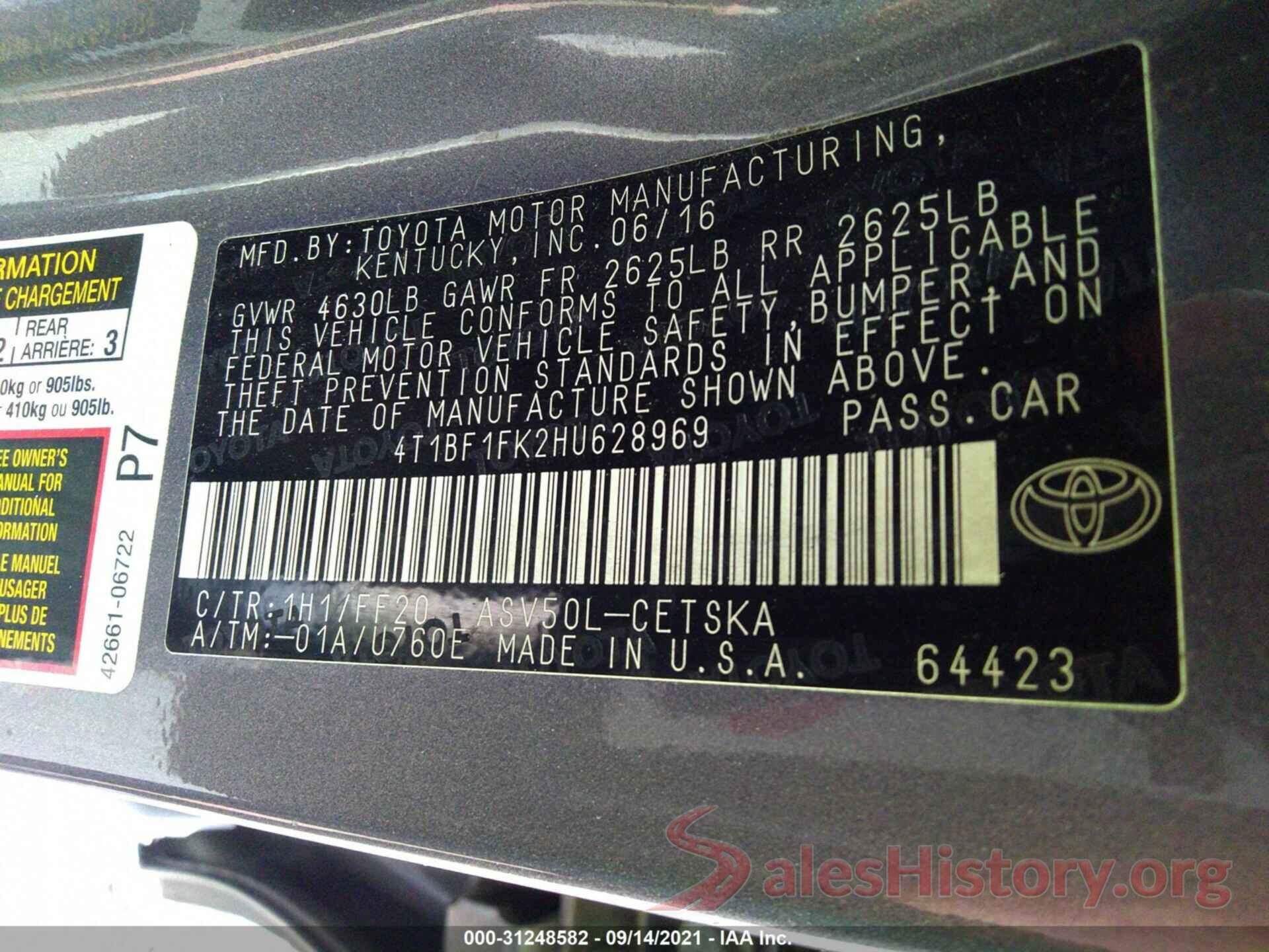 4T1BF1FK2HU628969 2017 TOYOTA CAMRY