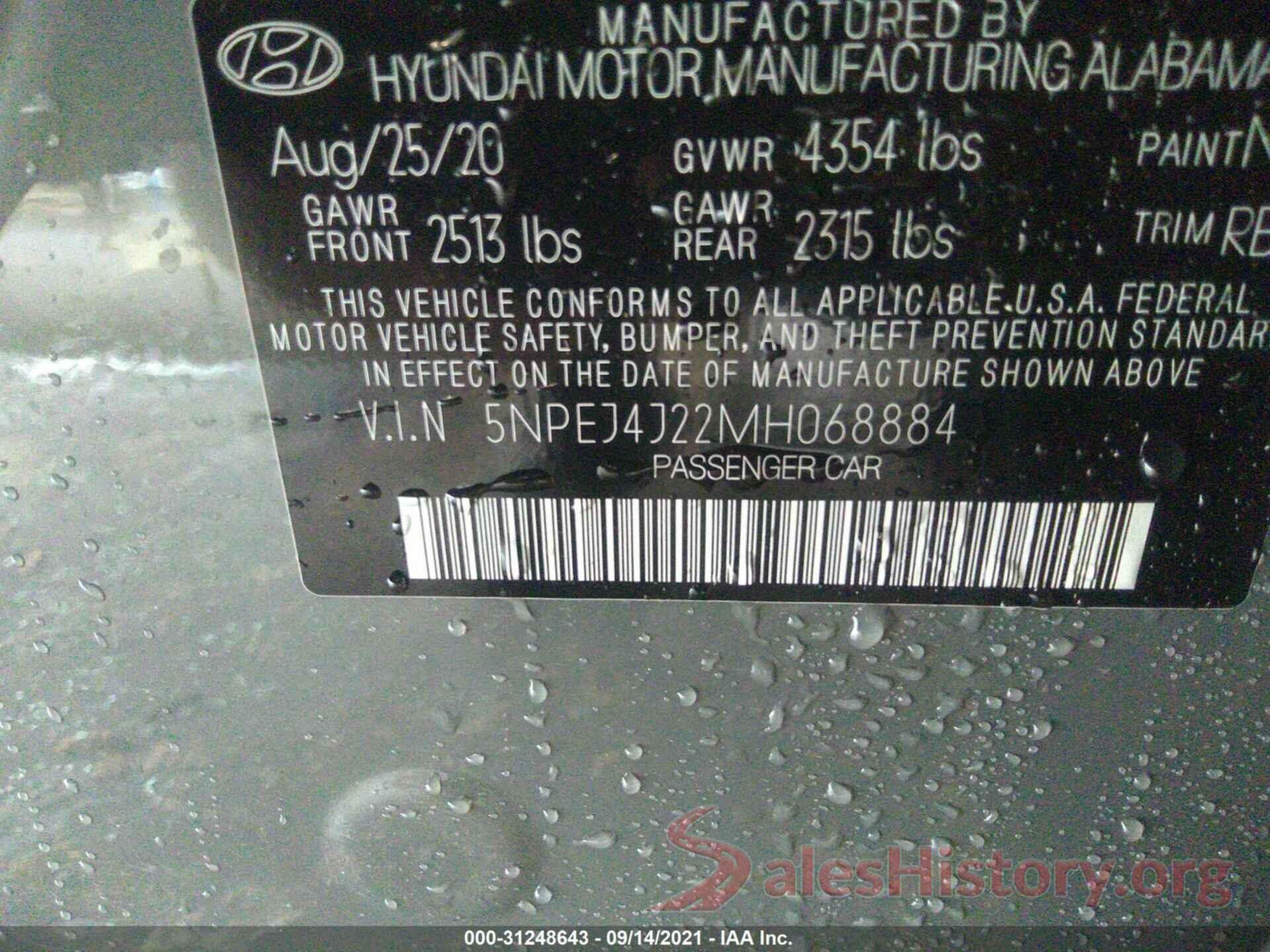 5NPEJ4J22MH068884 2021 HYUNDAI SONATA