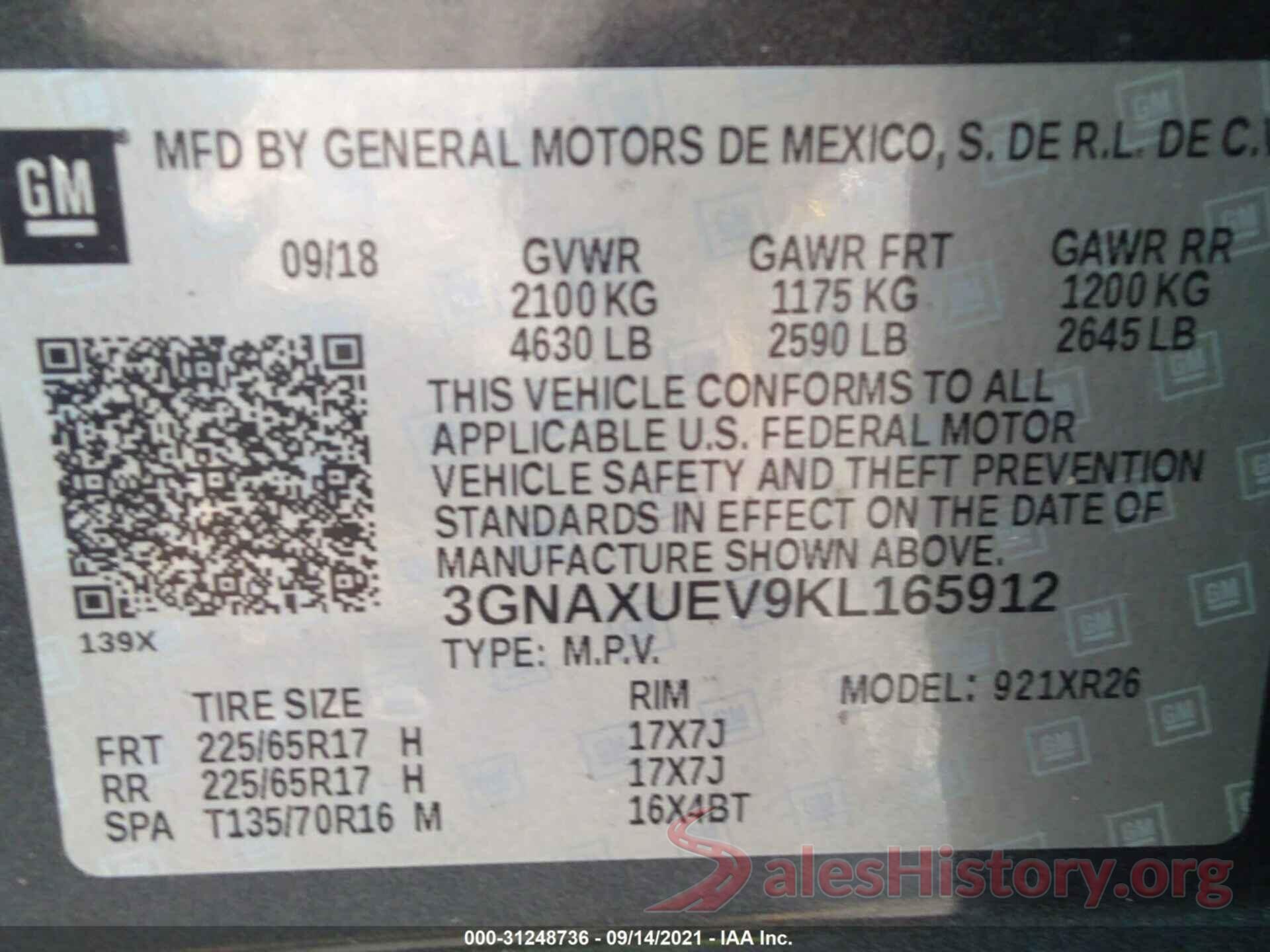 3GNAXUEV9KL165912 2019 CHEVROLET EQUINOX