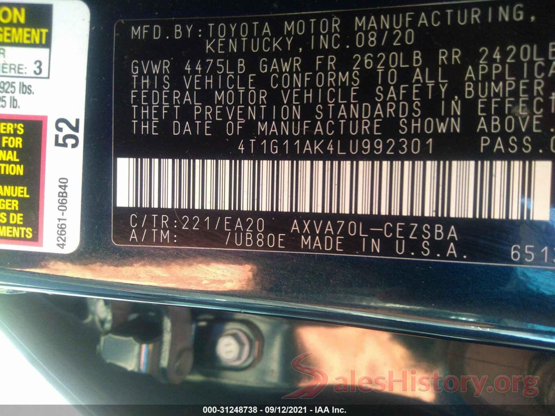 4T1G11AK4LU992301 2020 TOYOTA CAMRY