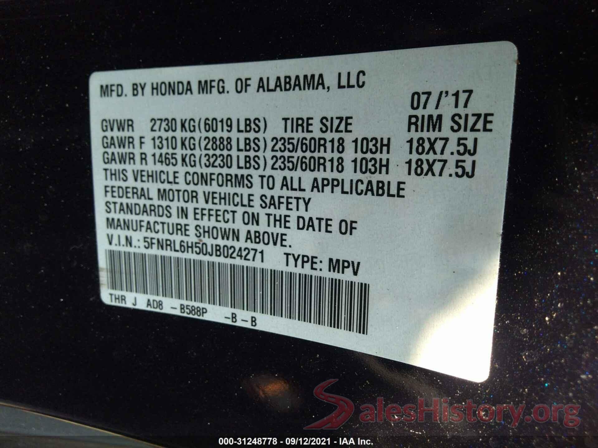 5FNRL6H50JB024271 2018 HONDA ODYSSEY