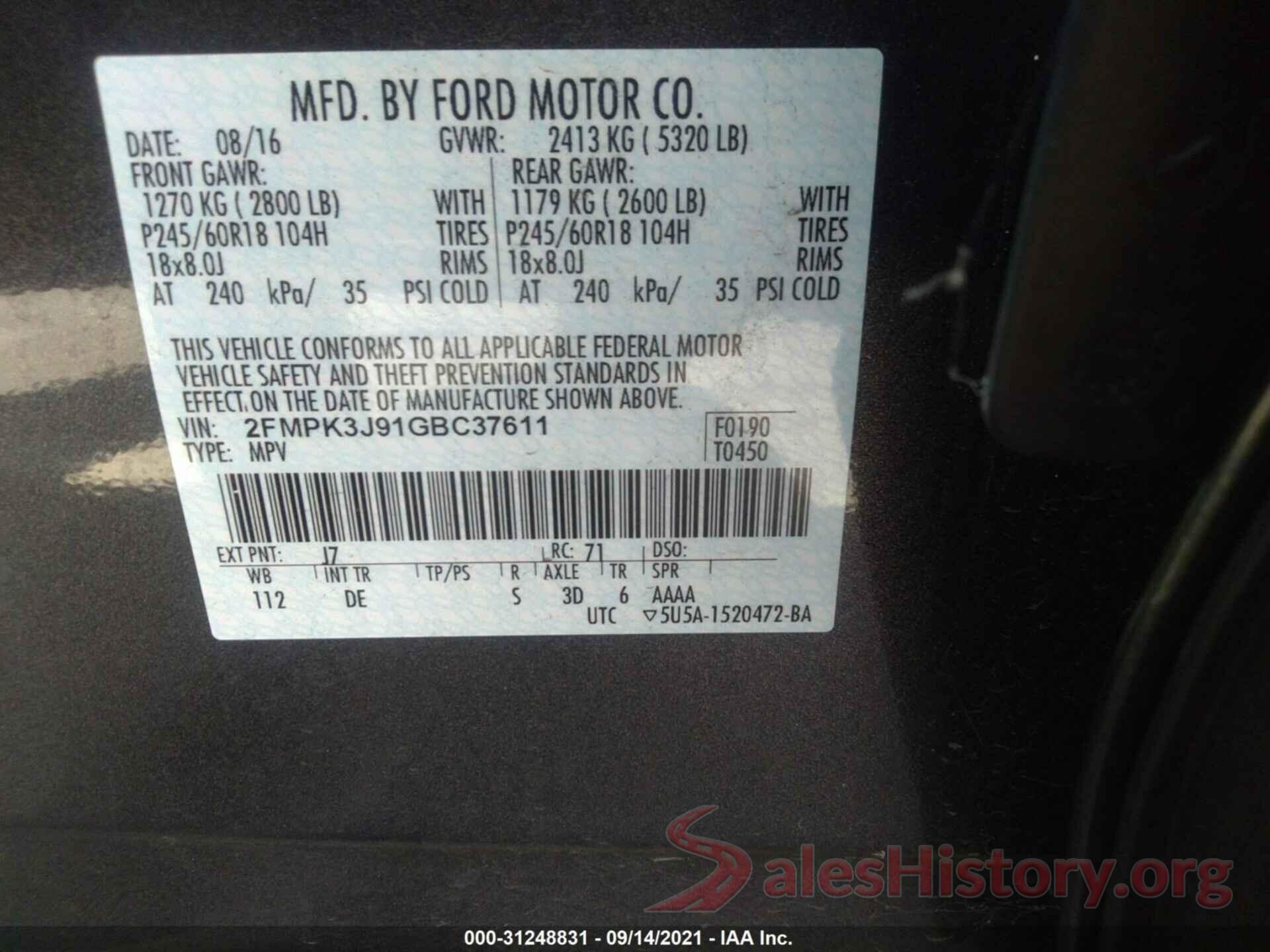 2FMPK3J91GBC37611 2016 FORD EDGE