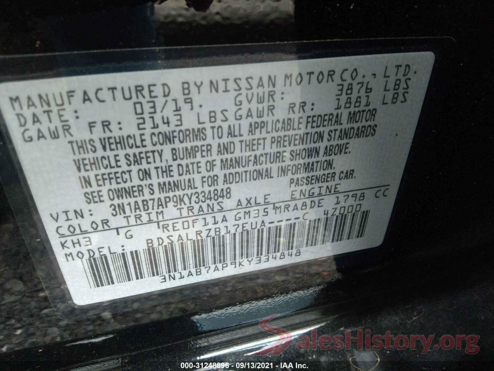 3N1AB7AP9KY334848 2019 NISSAN SENTRA