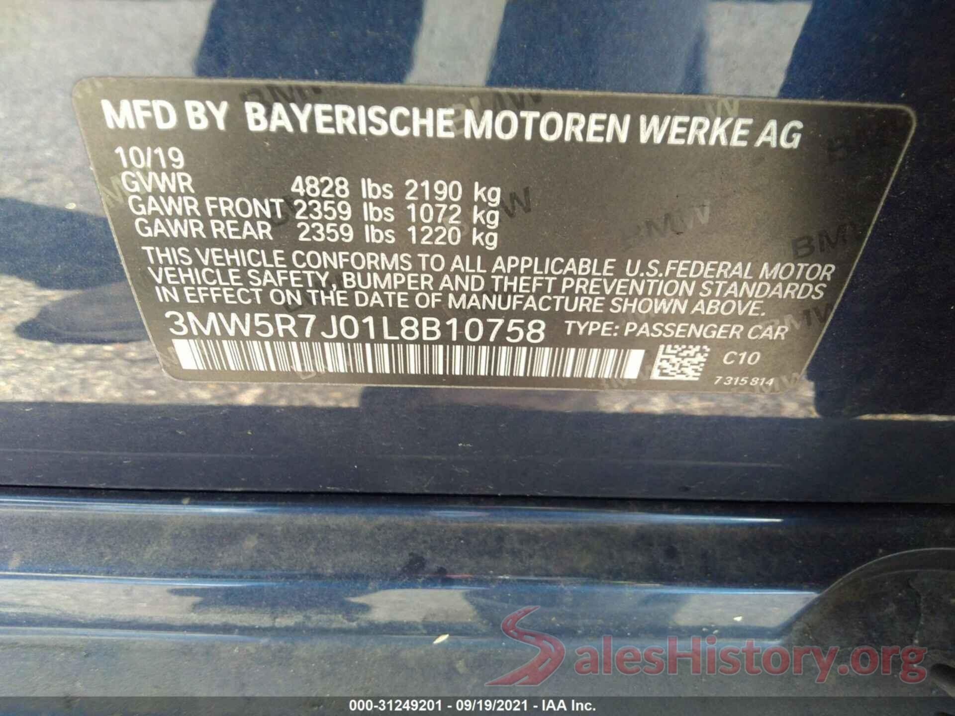 3MW5R7J01L8B10758 2020 BMW 3 SERIES